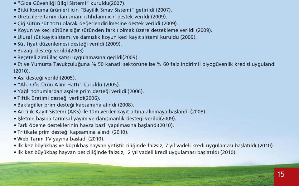 Ulusal süt kayıt sistemi ve damızlık koyun keçi kayıt sistemi kuruldu (2009). Süt fiyat düzenlemesi desteği verildi (2009).