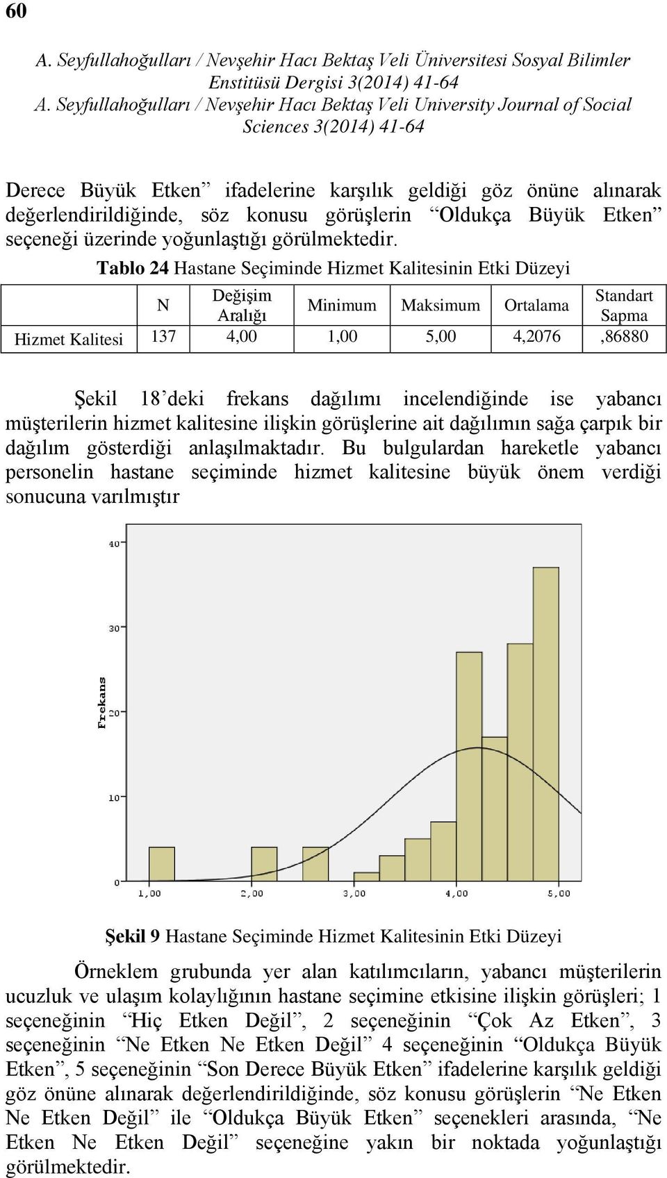 incelendiğinde ise yabancı müşterilerin hizmet kalitesine ilişkin görüşlerine ait dağılımın sağa çarpık bir dağılım gösterdiği anlaşılmaktadır.