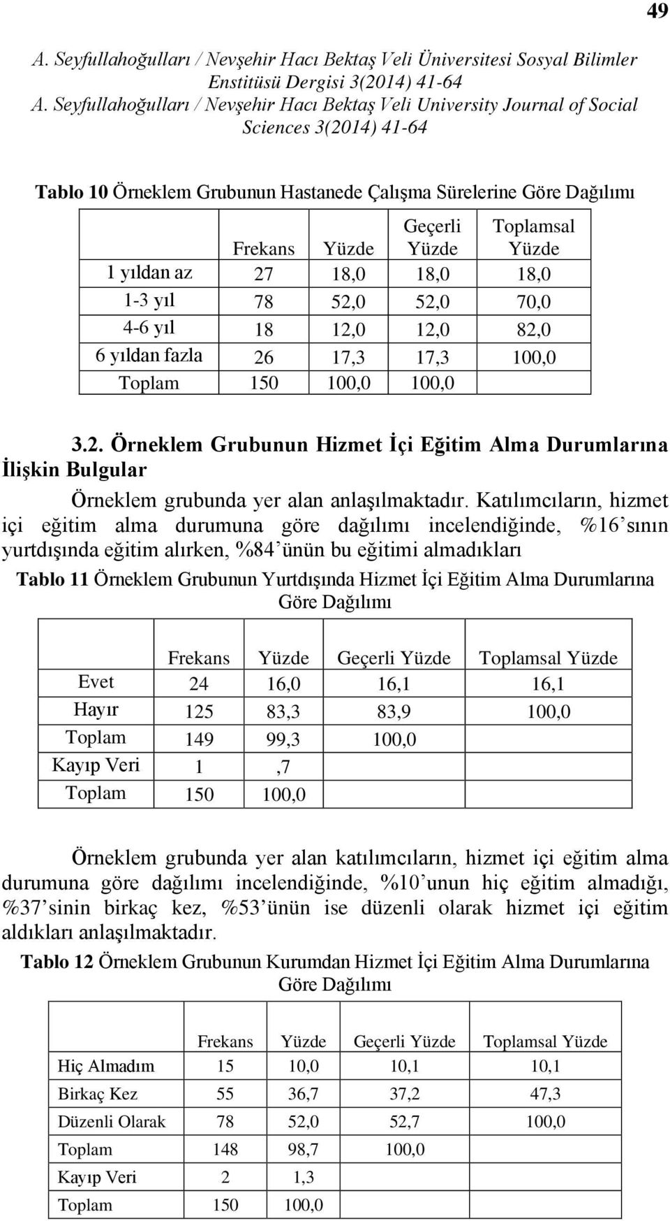 Katılımcıların, hizmet içi eğitim alma durumuna göre dağılımı incelendiğinde, %16 sının yurtdışında eğitim alırken, %84 ünün bu eğitimi almadıkları Tablo 11 Örneklem Grubunun Yurtdışında Hizmet İçi