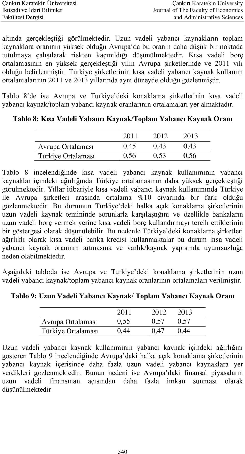 Kısa vadeli borç ortalamasının en yüksek gerçekleştiği yılın Avrupa şirketlerinde ve 2011 yılı olduğu belirlenmiştir.