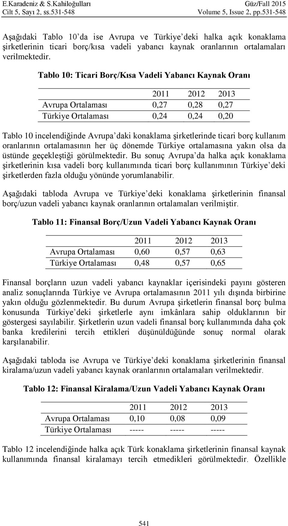 Tablo 10: Ticari Borç/Kısa Vadeli Yabancı Kaynak Oranı Avrupa Ortalaması 0,27 0,28 0,27 Türkiye Ortalaması 0,24 0,24 0,20 Tablo 10 incelendiğinde Avrupa daki konaklama şirketlerinde ticari borç