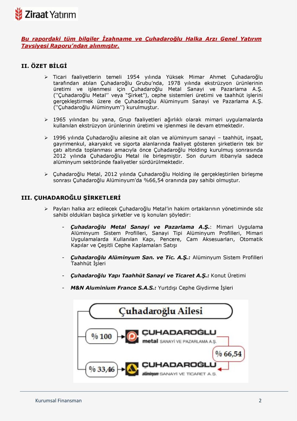 Metal Sanayi ve Pazarlama A.Ş. ( Çuhadaroğlu Metal veya Şirket ), cephe sistemleri üretimi ve taahhüt işlerini gerçekleştirmek üzere de Çuhadaroğlu Alüminyum Sanayi ve Pazarlama A.Ş. ( Çuhadaroğlu Alüminyum ) kurulmuştur.