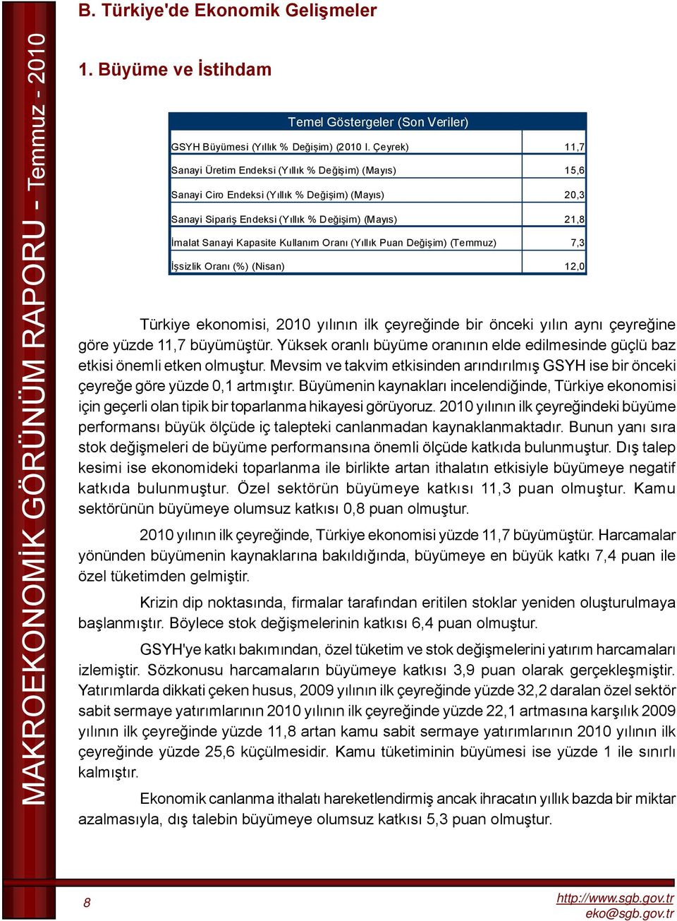 Oranı (Yıllık Puan Değişim) (Temmuz), İşsizlik Oranı (%) (Nisan) 1,0 Türkiye ekonomisi, 0 yılının ilk çeyreğinde bir önceki yılın aynı çeyreğine göre yüzde, büyümüştür.