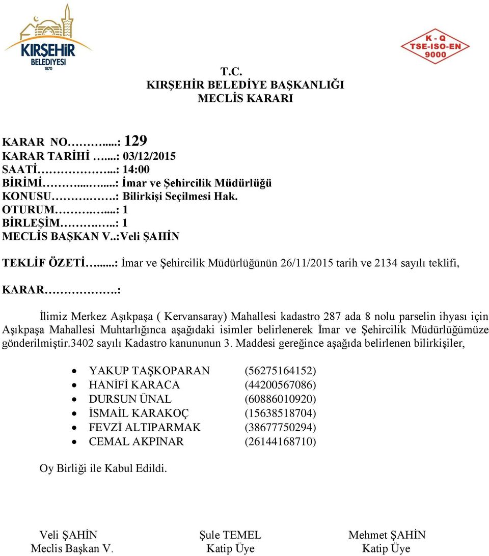 ihyası için Aşıkpaşa Mahallesi Muhtarlığınca aşağıdaki isimler belirlenerek İmar ve Şehircilik Müdürlüğümüze gönderilmiştir.3402 sayılı Kadastro kanununun 3.