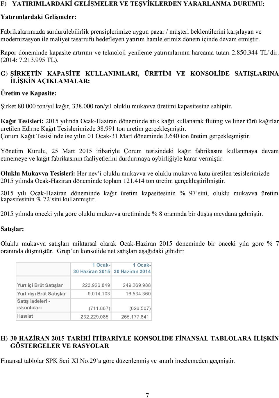 (2014: 7.213.995 TL). G) ŞİRKETİN KAPASİTE KULLANIMLARI, ÜRETİM VE KONSOLİDE SATIŞLARINA İLİŞKİN AÇIKLAMALAR: Üretim ve Kapasite: Şirket 80.000 ton/yıl kağıt, 338.