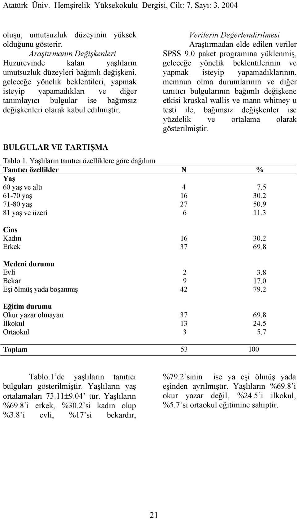 değişkenleri olarak kabul edilmiştir. Verilerin Değerlendirilmesi Araştırmadan elde edilen veriler SPSS 9.