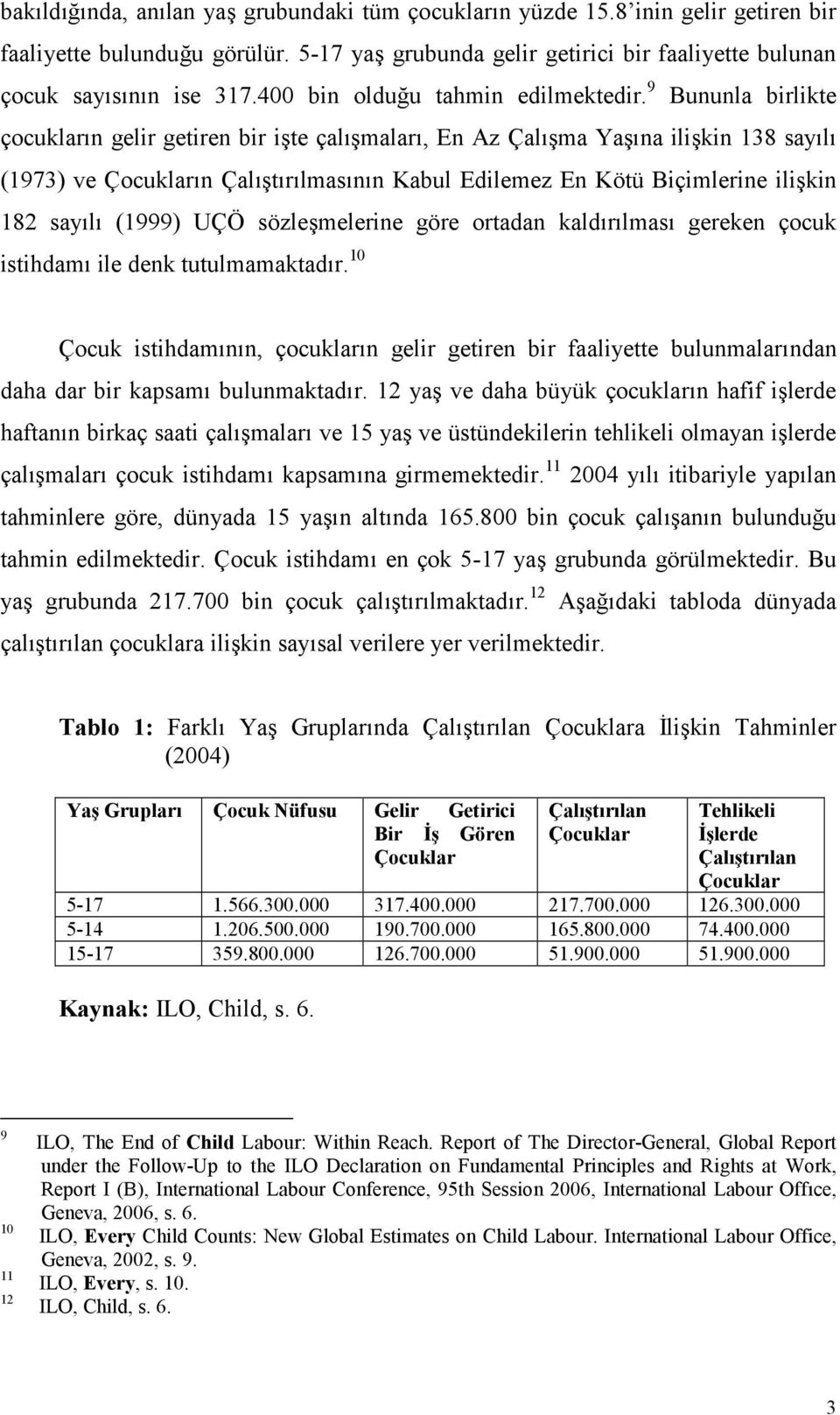 9 Bununla birlikte çocuklarn gelir getiren bir ite çalmalar, En Az Çalma Yana ilikin 138 sayl (1973) ve Çocuklarn Çaltrlmasnn Kabul Edilemez En Kötü Biçimlerine ilikin 182 sayl (1999) UÇÖ