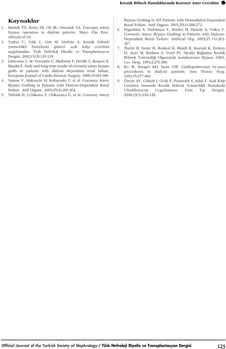 Labrousse L, de Vincentiis C, Madonna F, Deville C, Roques X, Baudet E. Early and long term results of coronary artery bypass grafts in patients with dialysis dependant renal failure.