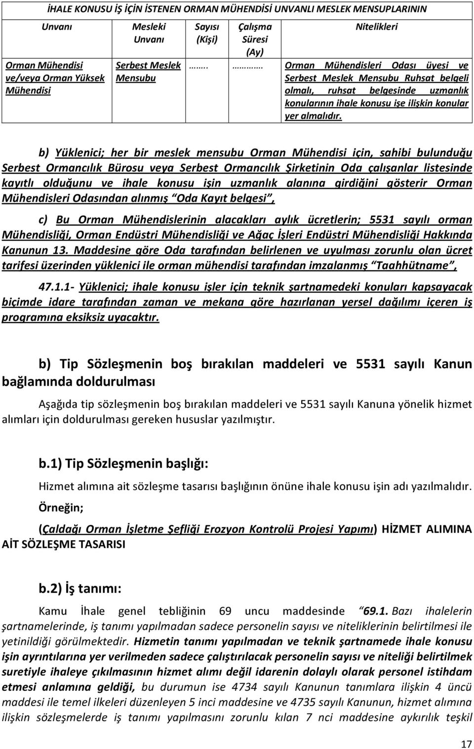 b) Yüklenici; her bir meslek mensubu Orman Mühendisi için, sahibi bulunduğu Serbest Ormancılık Bürosu veya Serbest Ormancılık Şirketinin Oda çalışanlar listesinde kayıtlı olduğunu ve ihale konusu