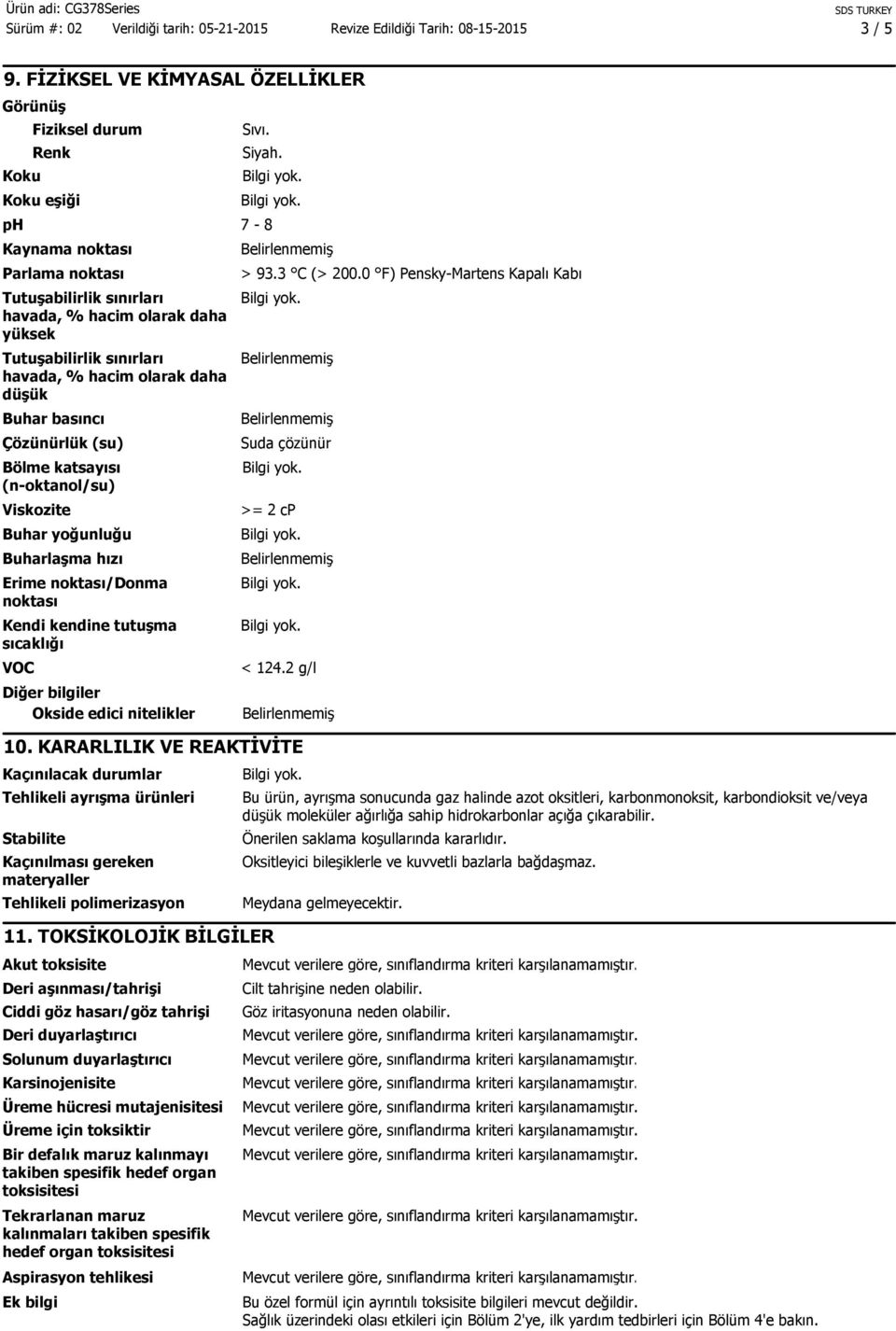 katsayısı (n-oktanol/su) Viskozite Buhar yoğunluğu Buharlaşma hızı Erime noktası/donma noktası Kendi kendine tutuşma sıcaklığı VOC Diğer bilgiler Okside edici nitelikler > 93.3 C (> 200.