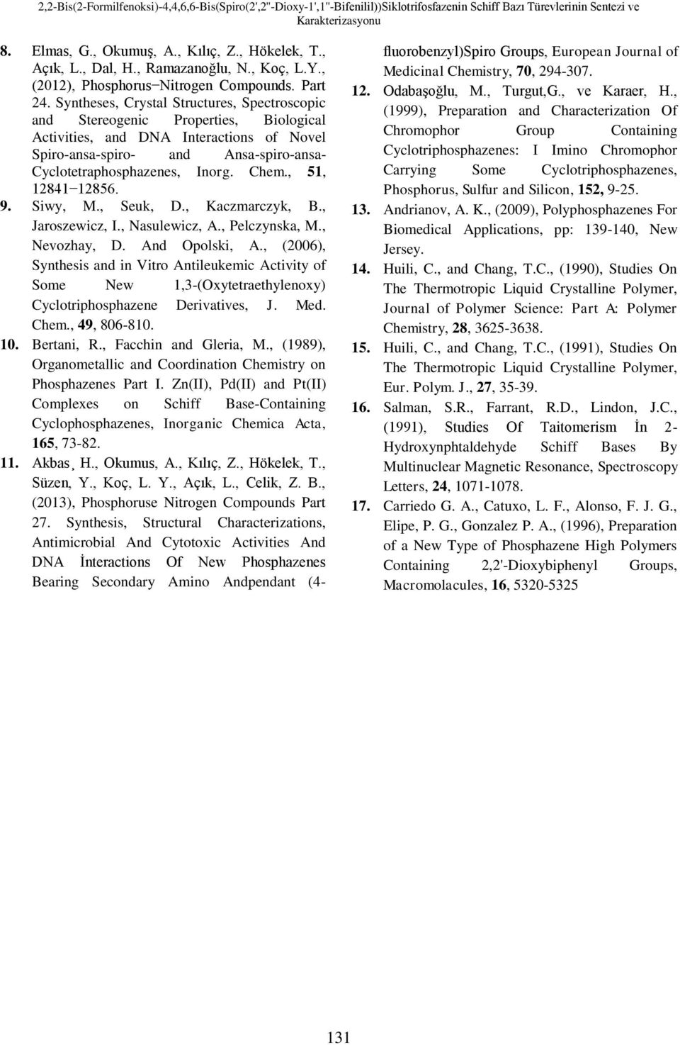 Spiro-ansa-spiro- and Ansa-spiro-ansa- Cyclotetraphosphazenes, Inorg Chem, 51, 12841 12856 9 Siwy, M, Seuk, D, Kaczmarczyk, B, Jaroszewicz, I, asulewicz, A, elczynska, M, evozhay, D And polski, A,