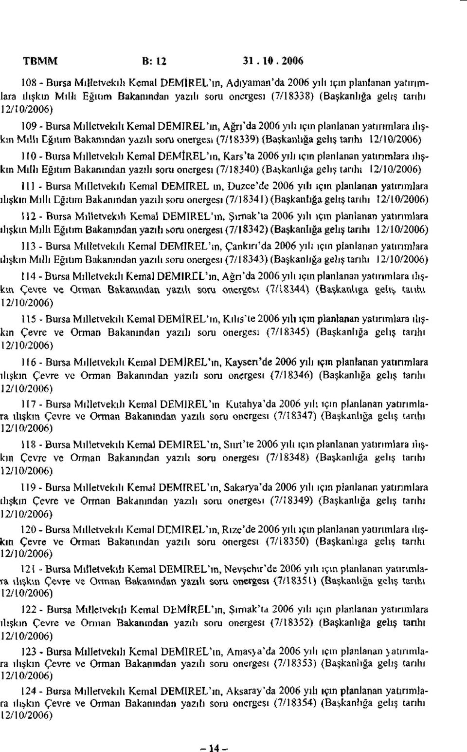 Milletvekili Kemal DEMİREL'ın, Ağrı'da 2006 yılı için planlanan yatırımlara ilişkin Milli Eğitim Bakanından yazılı soru önergesi (7/18339) (Başkanlığa geliş tarihi 110 -Bursa Milletvekili Kemal