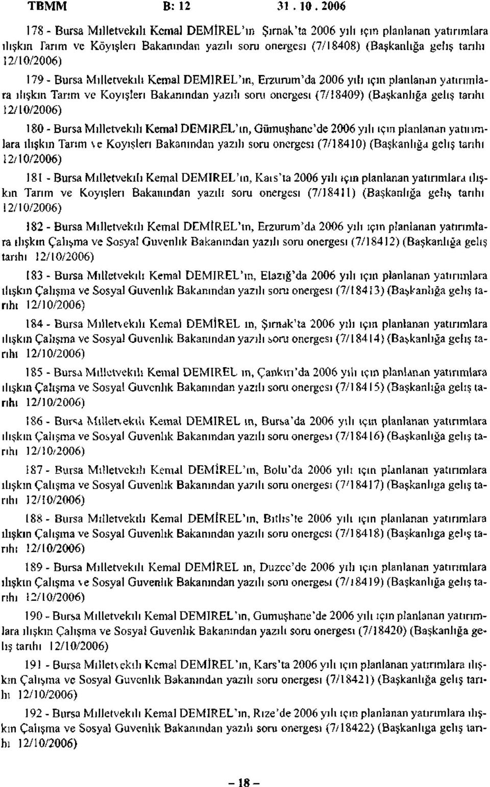 Milletvekili Kemal DEMİREL'm, Erzurum'da 2006 yılı için planlanan yatırımlara ilişkin Tarım ve Koyışlerı Bakanından yazılı soru önergesi (7/18409) (Başkanlığa geliş tanhı 180 - Bursa Milletvekili