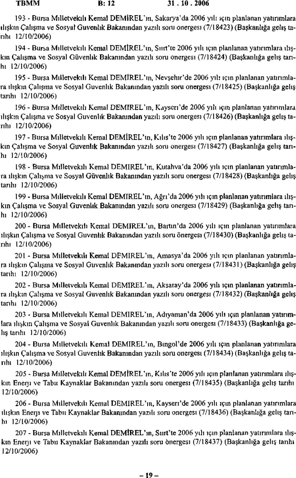 - Bursa Milletvekili Kemal DEMtREL'ın, Siirt'te 2006 yılı için planlanan yatırımlara ilişkin Çalışma ve Sosyal Güvenlik Bakanından yazılı soru önergesi (7/18424) (Başkanlığa geliş tarihi 195 - Bursa