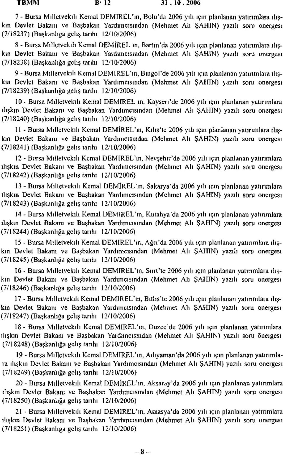 (Başkanlığa geliş tarihi 8 Bursa Milletvekili Kemal DEMtREL m, Bartın'da 2006 yılı için planlanan yatırımlara ilişkin Devlet Bakanı ve Başbakan Yardımcısından (Mehmet Alı ŞAHİN) yazılı som önergesi