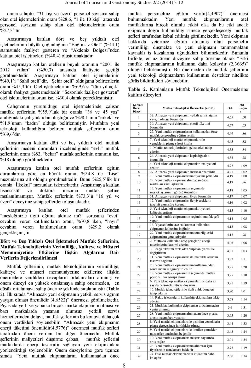 Araştırmaya katılan dört ve beş yıldızlı otel işletmelerinin büyük çoğunluğunu Bağımsız Otel (%44,1) statüsünde faaliyet gösteren ve Akdeniz Bölgesi nden katılan otel işletmeleri (%48,4)