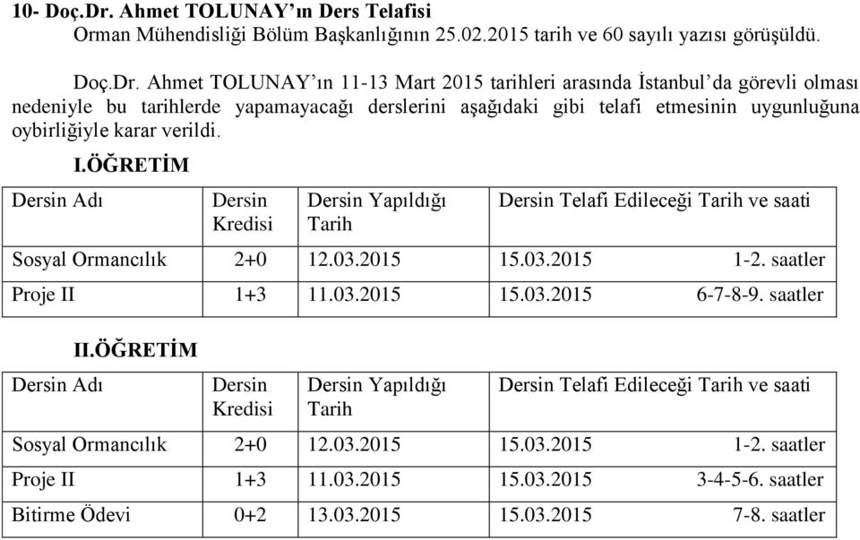 Ahmet TOLUNAY ın 11-13 Mart 2015 tarihleri arasında İstanbul da görevli olması nedeniyle bu tarihlerde yapamayacağı derslerini aşağıdaki gibi telafi etmesinin uygunluğuna