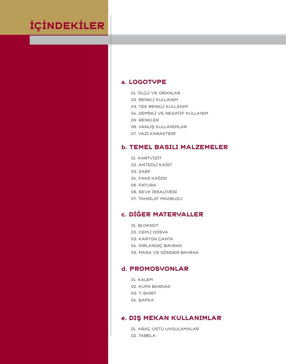 SEVK İRSALİYESİ 07. TAHSİLAT MAKBUZU c. DİĞER MATERYALLER 01. BLOKNOT 02. CEPLİ DOSYA 03. KARTON ÇANTA 04. KIRLANGIÇ BAYRAK 05.