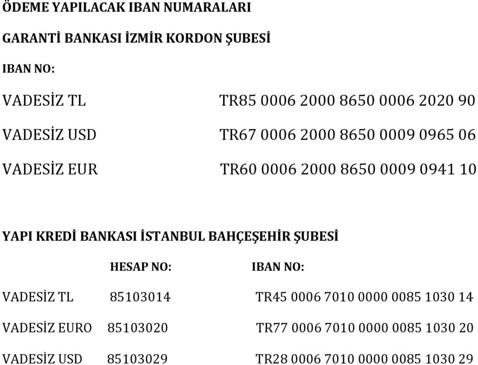 KREDİ BANKASI İSTANBUL BAHÇEŞEHİR ŞUBESİ HESAP NO: IBAN NO: VADESİZ TL 85103014 TR45 0006 7010 0000 0085 1030