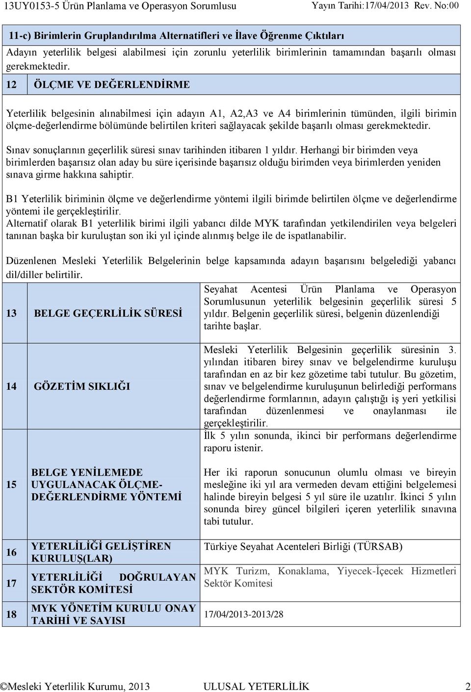 12 ÖLÇME VE DEĞERLENDİRME Yeterlilik belgesinin alınabilmesi için adayın A1, A2,A3 ve A4 birimlerinin tümünden, ilgili birimin ölçme-değerlendirme bölümünde belirtilen kriteri sağlayacak şekilde