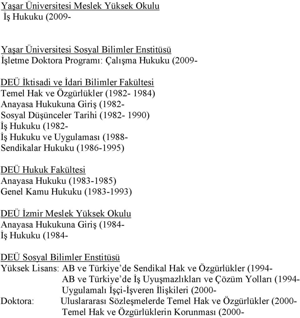 Hukuku (1983-1985) Genel Kamu Hukuku (1983-1993) DEÜ Đzmir Meslek Yüksek Okulu Anayasa Hukukuna Giriş (1984- Đş Hukuku (1984- DEÜ Sosyal Bilimler Enstitüsü Yüksek Lisans: AB ve Türkiye de Sendikal