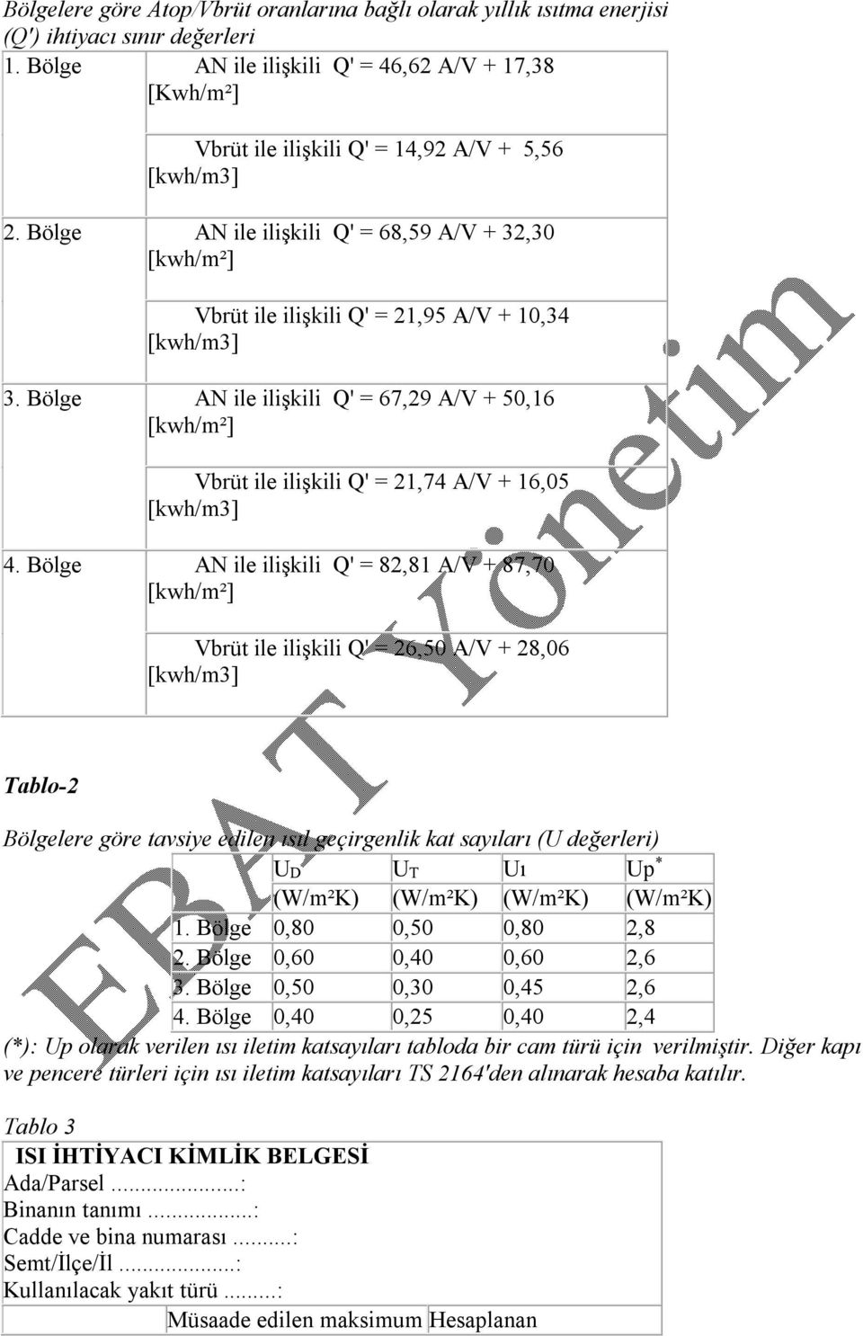 Bölge AN ile ilişkili Q' = 68,59 A/V + 32,30 [kwh/m²] Vbrüt ile ilişkili Q' = 21,95 A/V + 10,34 [kwh/m3] 3.