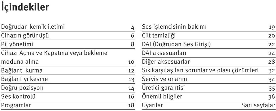 bakımı 19 Cilt temizliği 20 DAI (Doğrudan Ses Girişi) 22 DAI aksesuarları 24 Diğer aksesuarlar 28 Sık