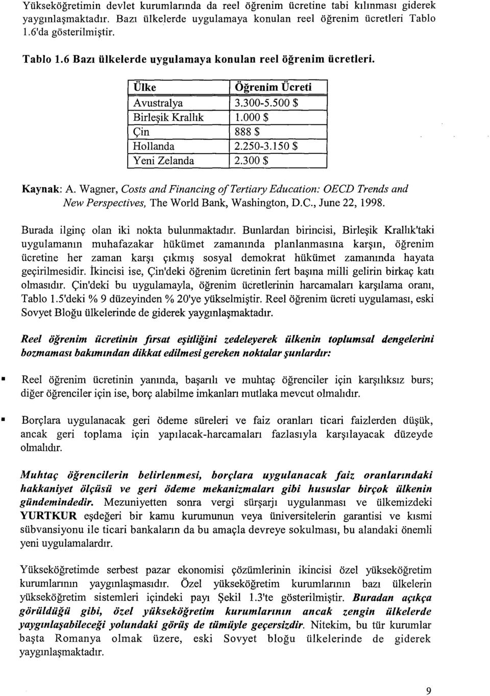 150 $ Yeni Zelanda 2.300 $ Kaynak: A. Wagner, Costs and Financing of Tertiary Education: OEeD Trends and New Perspectives, The World Bank, Washington, D.C., June 22, 1998.