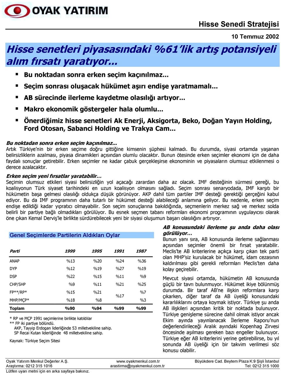 .. Önerdiğimiz hisse senetleri Ak Enerji, Aksigorta, Beko, Doğan Yayõn Holding, Ford Otosan, Sabanci Holding ve Trakya Cam... Bu noktadan sonra erken seçim kaçõnõlmaz.