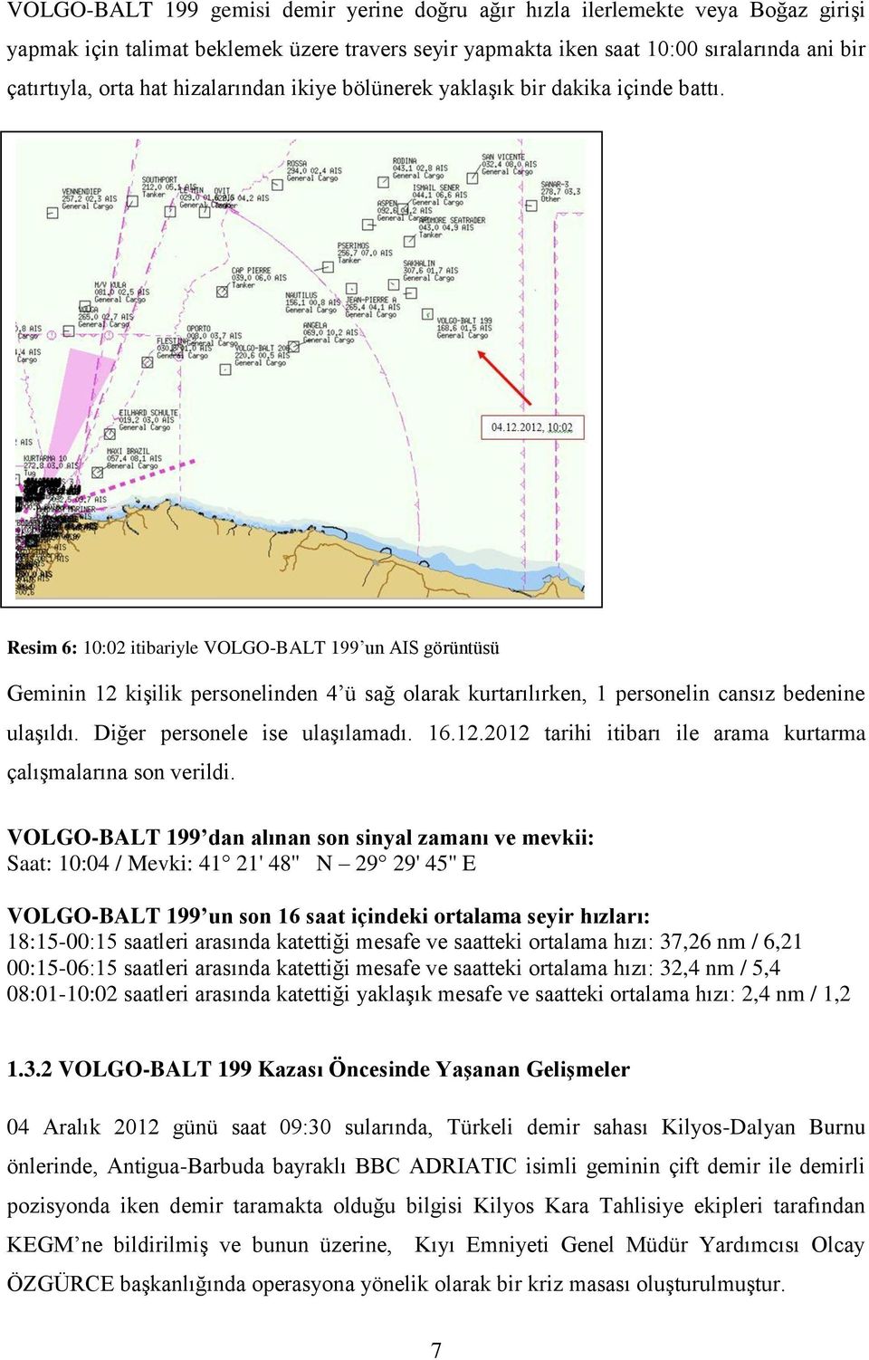 Resim 6: 10:02 itibariyle VOLGO-BALT 199 un AIS görüntüsü Geminin 12 kişilik personelinden 4 ü sağ olarak kurtarılırken, 1 personelin cansız bedenine ulaşıldı. Diğer personele ise ulaşılamadı. 16.12.2012 tarihi itibarı ile arama kurtarma çalışmalarına son verildi.