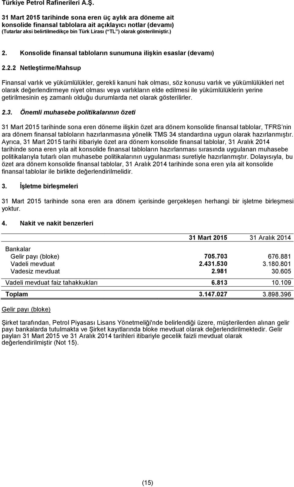 Önemli muhasebe politikalarının özeti 31 Mart 2015 tarihinde sona eren döneme ilişkin özet ara dönem konsolide finansal tablolar, TFRS nin ara dönem finansal tabloların hazırlanmasına yönelik TMS 34