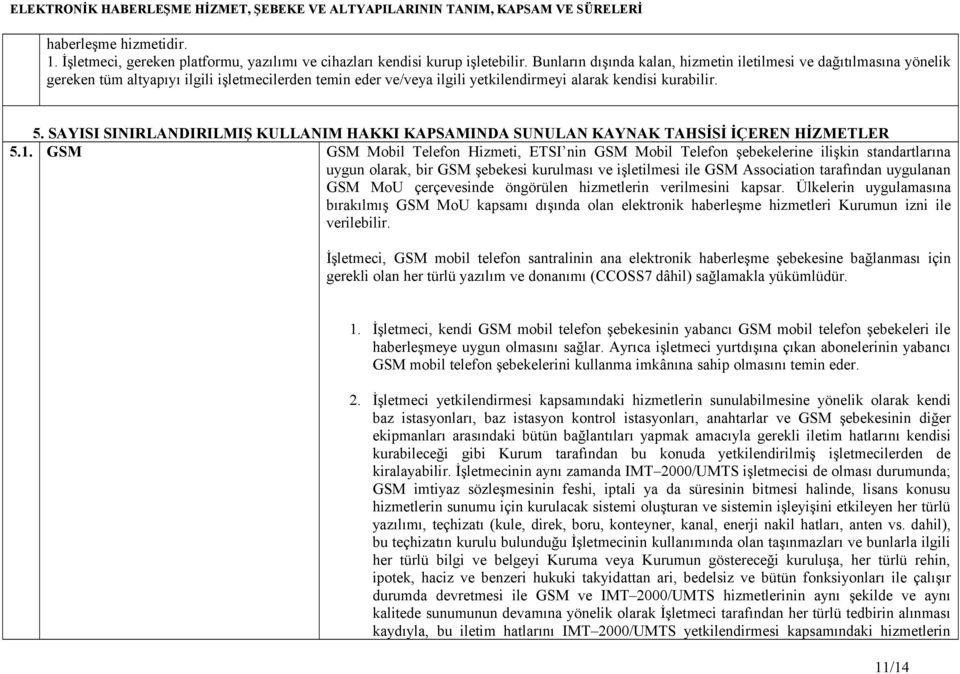 SAYISI SINIRLANDIRILMIŞ KULLANIM HAKKI KAPSAMINDA SUNULAN KAYNAK TAHSİSİ İÇEREN HİZMETLER 5.1.