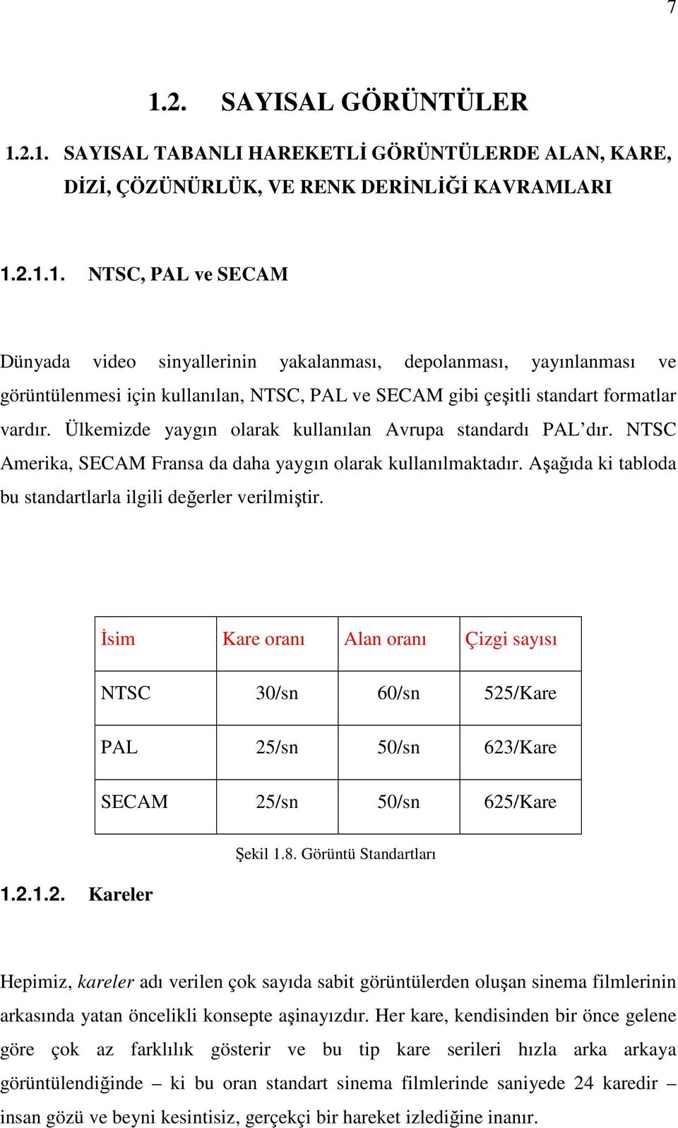 İsim Kare oranı Alan oranı Çizgi sayısı NTSC 30/sn 60/sn 525/Kare PAL 25/sn 50/sn 623/Kare SECAM 25/sn 50/sn 625/Kare 1.2.1.2. Kareler Şekil 1.8.