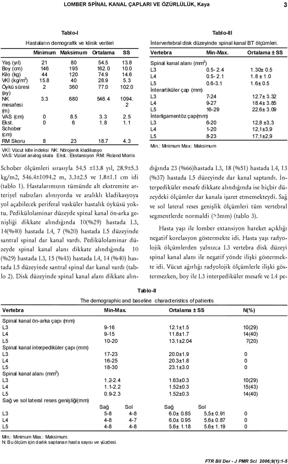 3 VKÝ: Vücut kitle indeksi NK: Nöojenik kladikasyo VAS: Vizüel analog skala Ekst. : Ekstansiyon RM: Roland Mois Tablo-III Ýntevetebal disk düzeyinde sinal kanal BT ölçümlei. Veteba Min-Max.