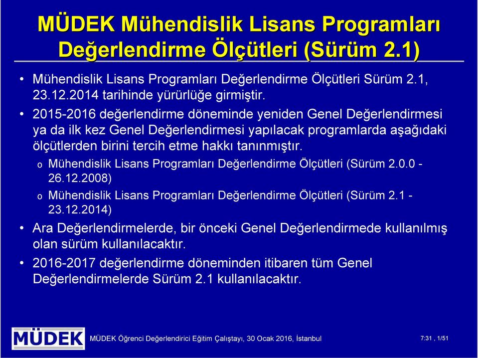 o Mühendislik Lisans Programları Değerlendirme Ölçütleri (Sürüm 2.0.0-26.12.2008) o Mühendislik Lisans Programları Değerlendirme Ölçütleri (Sürüm 2.1-23.12.2014) Ara Değerlendirmelerde, bir önceki Genel Değerlendirmede kullanılmış olan sürüm kullanılacaktır.