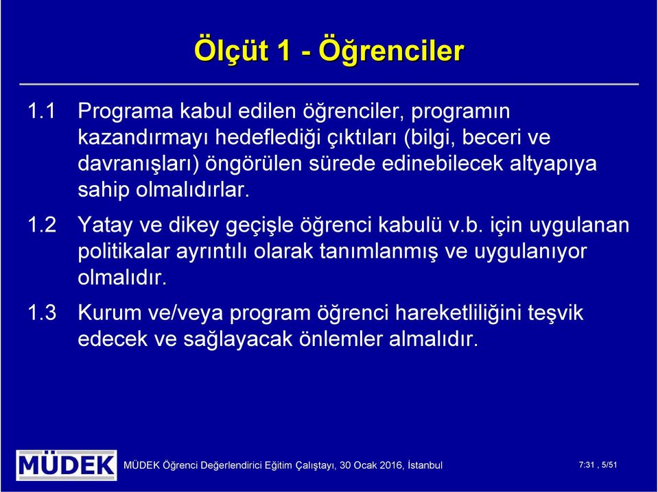 sürede edinebilecek altyapıya sahip olmalıdırlar. 1.2 Yatay ve dikey geçişle öğrenci kabulü v.b. için uygulanan politikalar ayrıntılı olarak tanımlanmış ve uygulanıyor olmalıdır.