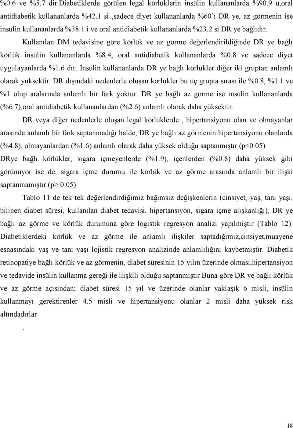 Kullanılan DM tedavisine göre körlük ve az görme değerlendirildiğinde DR ye bağlı körlük insülin kullananlarda %8.4, oral antidiabetik kullananlarda %0.8 ve sadece diyet uygulayanlarda %1.6 dır.