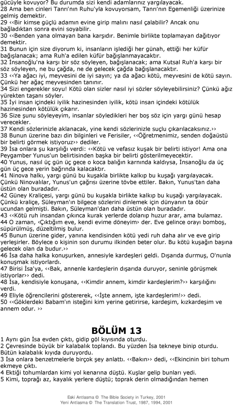 31 Bunun için size diyorum ki, insanların işlediği her günah, ettiği her küfür bağışlanacak; ama Ruh'a edilen küfür bağışlanmayacaktır.