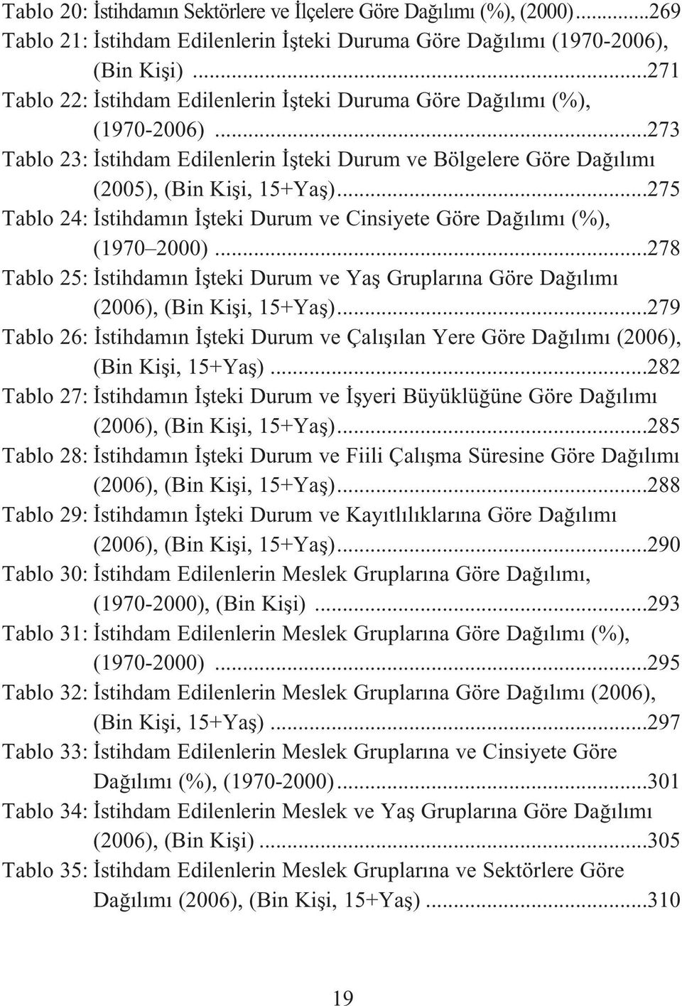 ..275 Tablo 24: stihdam n flteki Durum ve Cinsiyete Göre Da l m (%), (1970 2000)...278 Tablo 25: stihdam n flteki Durum ve Yafl Gruplar na Göre Da l m (2006), (Bin Kifli, 15+Yafl).