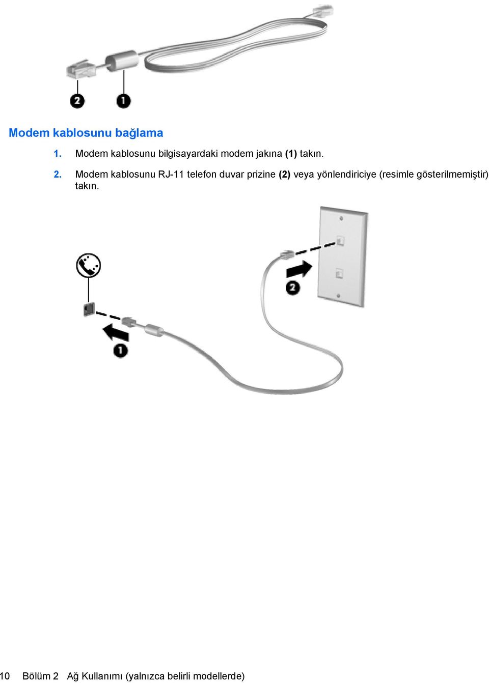 Modem kablosunu RJ-11 telefon duvar prizine (2) veya