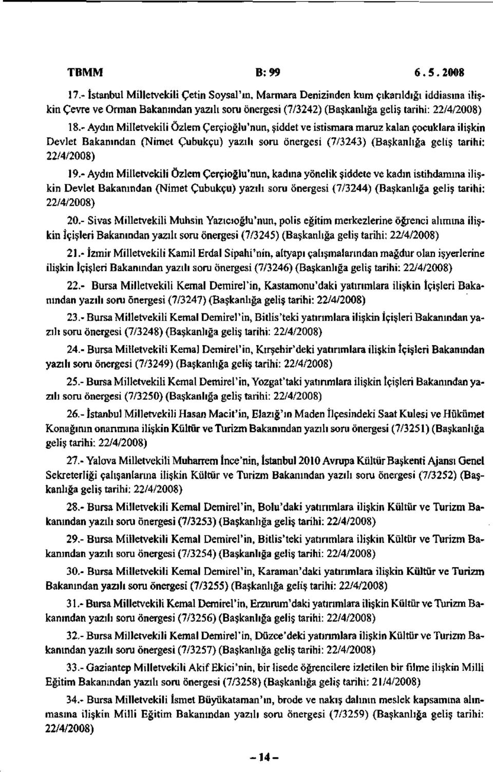 - Aydın Milletvekili Özlem Çerçioğlu'nun, şiddet ve istismara maruz kalan çocuklara ilişkin Devlet Bakanından (Nimet Çubukçu) yazılı soru önergesi (7/3243) (Başkanlığa geliş tarihi: 22/4/2008) 19.