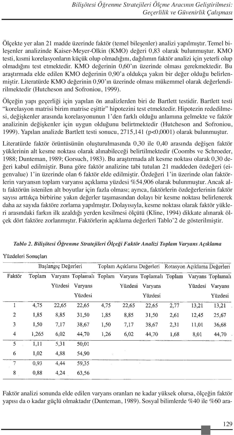 KMO testi, kısmi korelasyonların küçük olup olmadığını, dağılımın faktör analizi için yeterli olup olmadığını test etmektedir. KMO değerinin 0,60 ın üzerinde olması gerekmektedir.