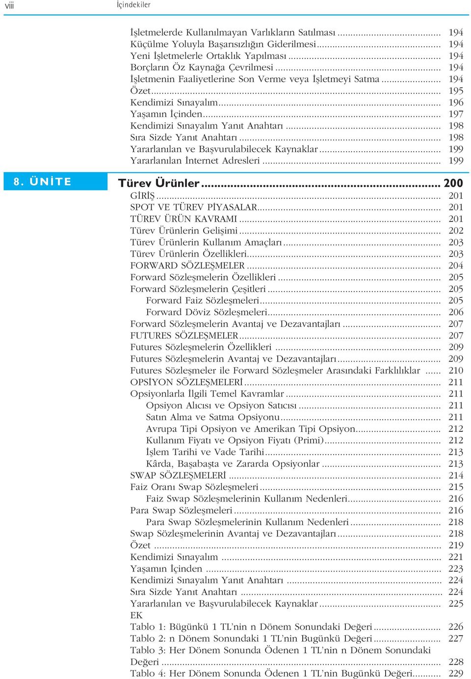 .. 198 Yararlan lan ve Baflvurulabilecek Kaynaklar... 199 Yararlan lan nternet Adresleri... 199 8. ÜN TE Türev Ürünler... 200 G R fi... 201 SPOT VE TÜREV P YASALAR... 201 TÜREV ÜRÜN KAVRAMI.