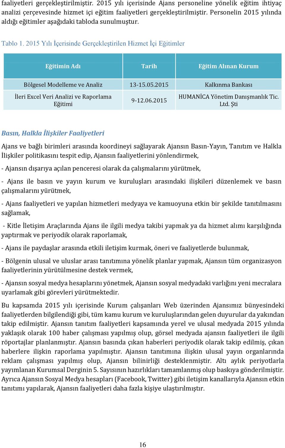 2015 Yılı İçerisinde Gerçekleştirilen Hizmet İçi Eğitimler Eğitimin Adı Tarih Eğitim Alınan Kurum Bölgesel Modelleme ve Analiz 13-15.05.