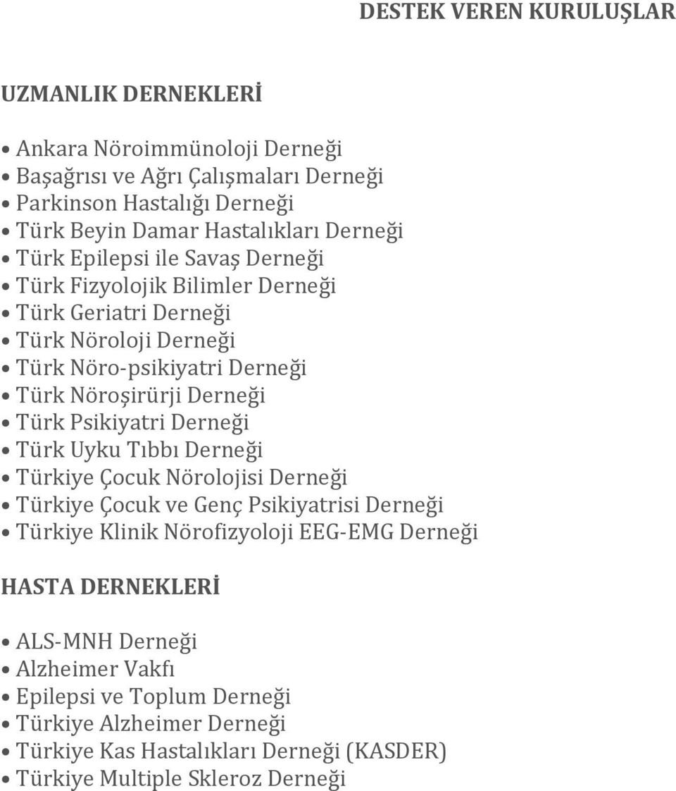 Türk Psikiyatri Derneği Türk Uyku Tıbbı Derneği Türkiye Çocuk Nörolojisi Derneği Türkiye Çocuk ve Genç Psikiyatrisi Derneği Türkiye Klinik Nörofizyoloji EEG EMG Derneği