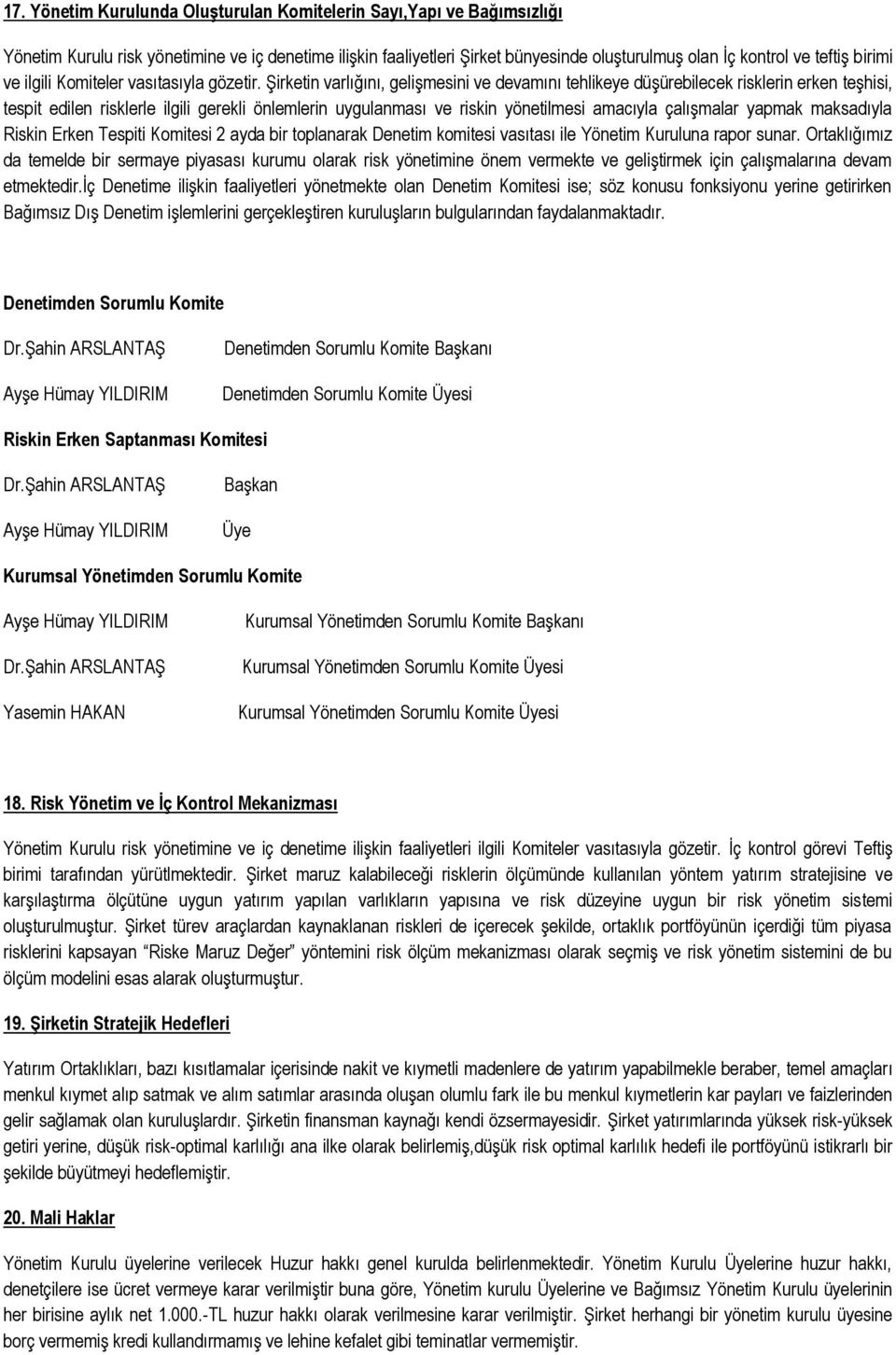 Şirketin varlığını, gelişmesini ve devamını tehlikeye düşürebilecek risklerin erken teşhisi, tespit edilen risklerle ilgili gerekli önlemlerin uygulanması ve riskin yönetilmesi amacıyla çalışmalar