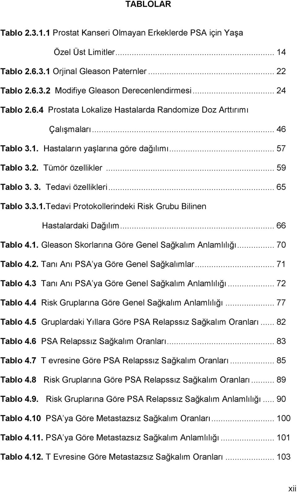 .. 65 Tablo 3.3.1.Tedavi Protokollerindeki Risk Grubu Bilinen Hastalardaki Dağılım... 66 Tablo 4.1. Gleason Skorlarına Göre Genel Sağkalım Anlamlılığı... 70 Tablo 4.2.