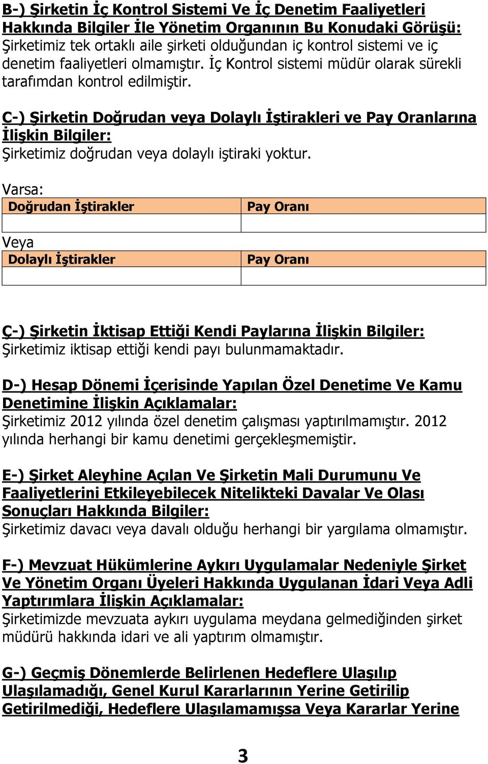 C-) Şirketin Doğrudan veya Dolaylı İştirakleri ve Pay Oranlarına İlişkin Bilgiler: Şirketimiz doğrudan veya dolaylı iştiraki yoktur.