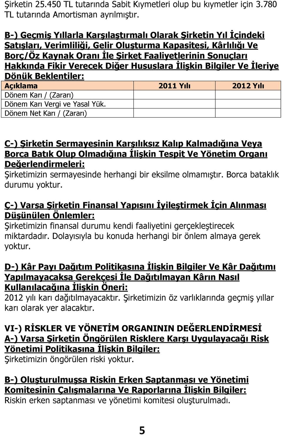 Fikir Verecek Diğer Hususlara İlişkin Bilgiler Ve İleriye Dönük Beklentiler: Açıklama 2011 Yılı 2012 Yılı Dönem Karı / (Zararı) Dönem Karı Vergi ve Yasal Yük.