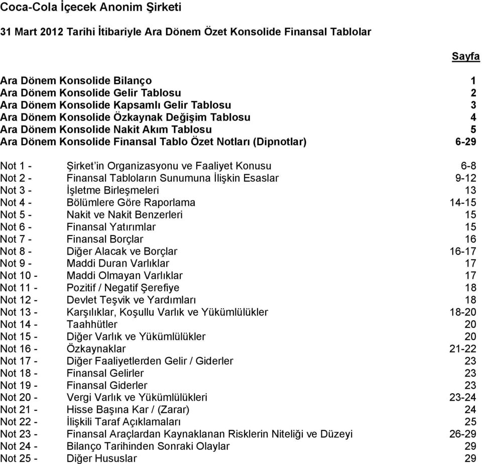 Sunumuna İlişkin Esaslar 9-12 Not 3 - İşletme Birleşmeleri 13 Not 4 - Bölümlere Göre Raporlama 14-15 Not 5 - Nakit ve Nakit Benzerleri 15 Not 6 - Finansal Yatırımlar 15 Not 7 - Finansal Borçlar 16